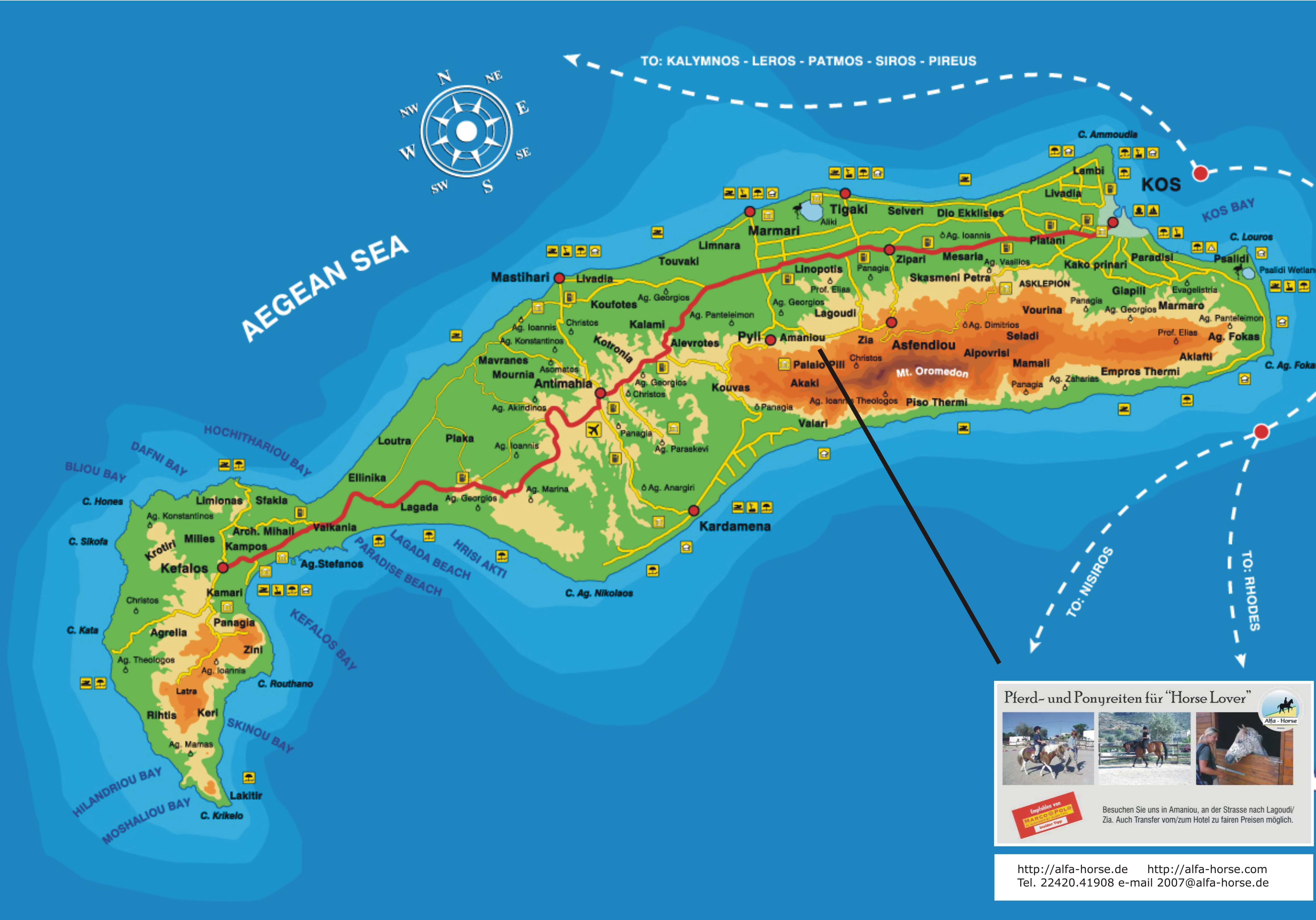 Insel Kos Strassenkarte von Kos Stadt und Landkarte